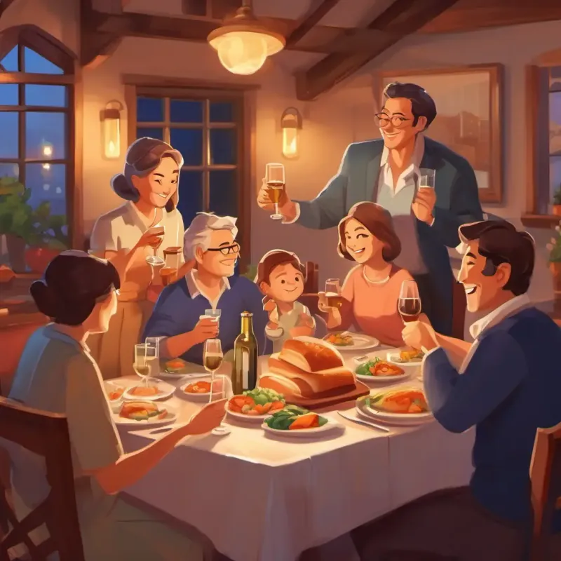 Family dinner, raising glasses in toast, celebratory mood.
