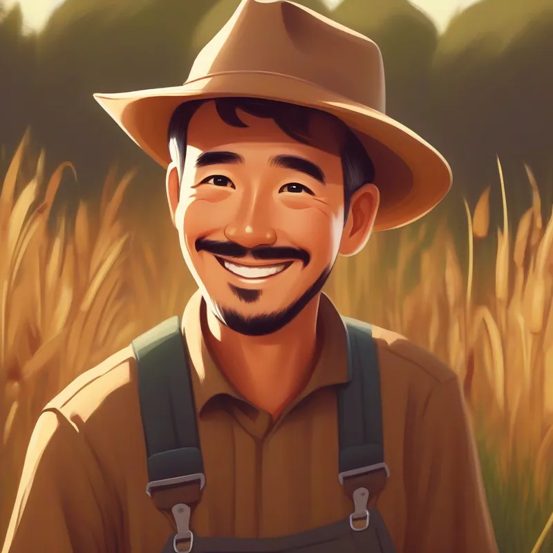 A picture of a smiling farmer with a hat and brown overalls.