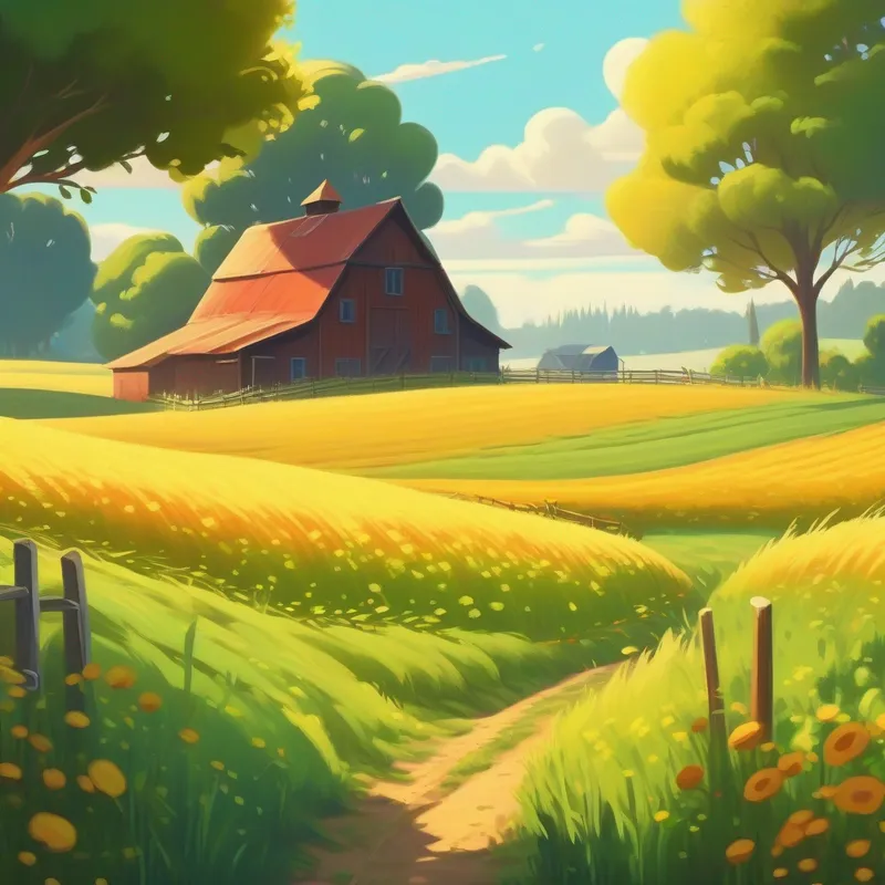 A picture of a sunny morning with a field and a barn.