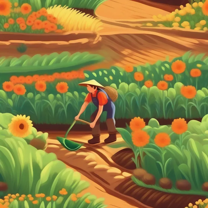 A picture of the farmer planting seeds and watering plants.