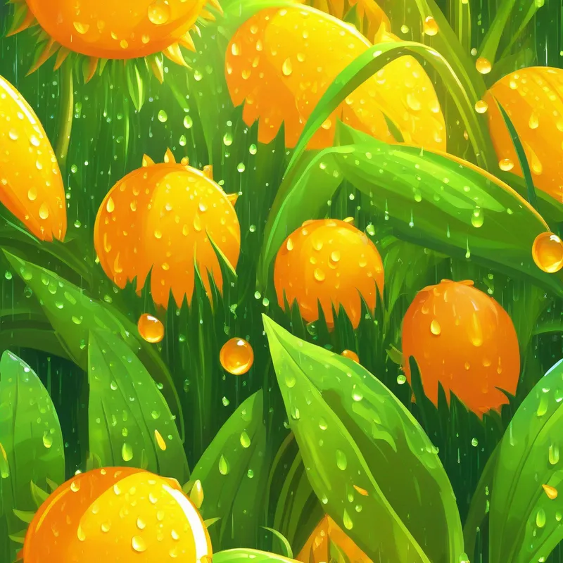 A picture of the sun shining and raindrops falling on the crops.