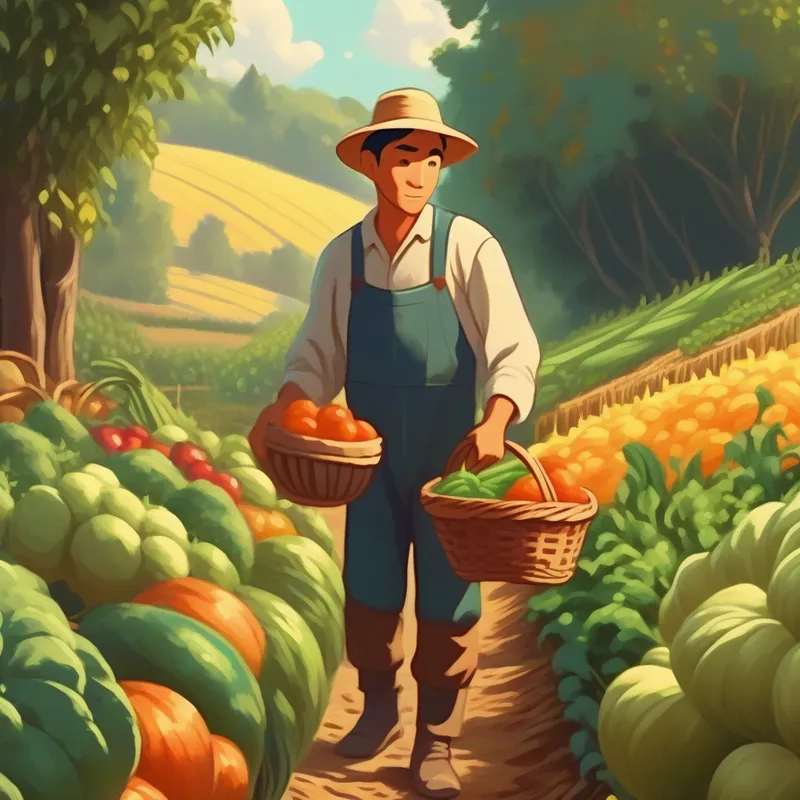 A picture of the farmer picking vegetables with a basket beside him.