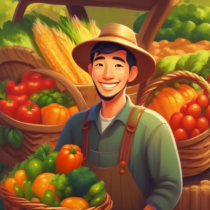 A picture of the farmer smiling with a basket full of vegetables.