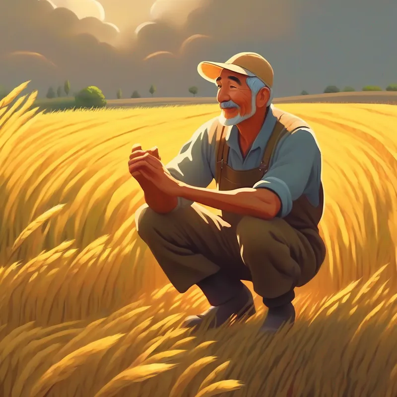 A picture of the farmer kneeling down and thanking the land.