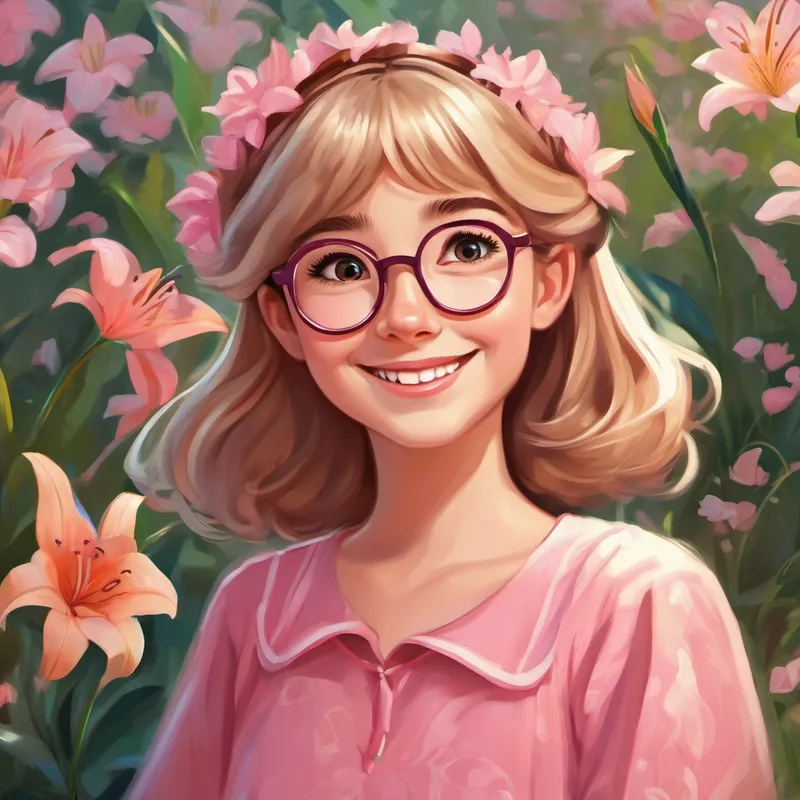 Mia - Cheerful, with long brown hair and a pink dress and Lily - Curious, with short blonde hair and glasses, happy and kind-hearted friends