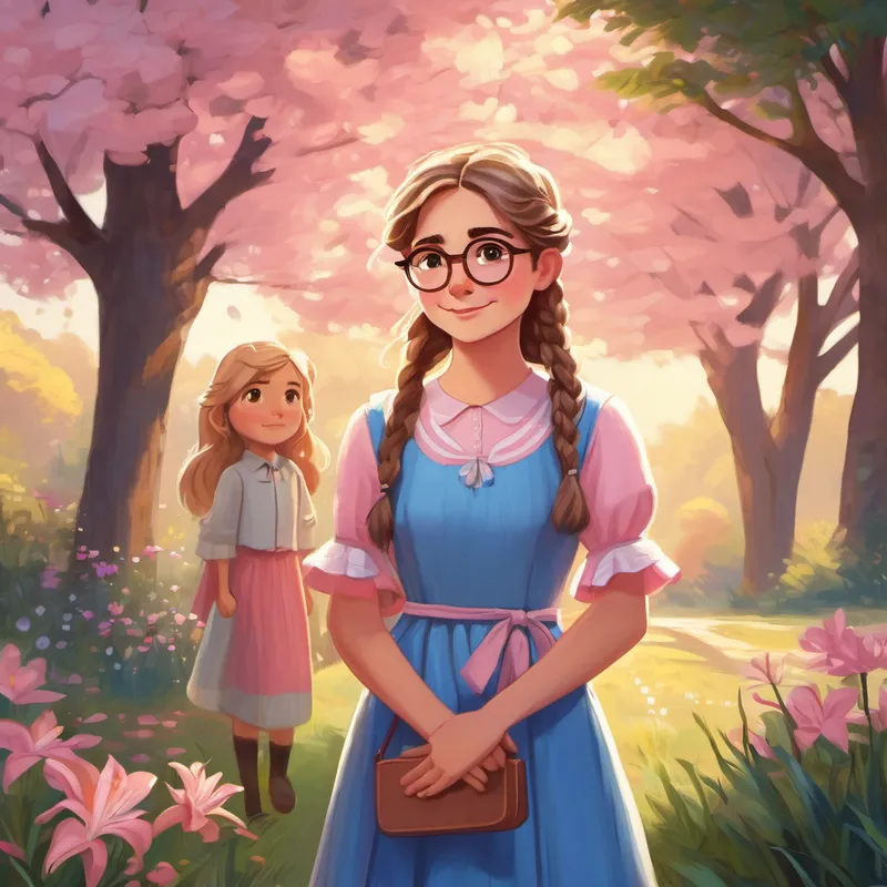 Emma - Shy, with braided brown hair and a blue dress feeling lonely, Mia - Cheerful, with long brown hair and a pink dress and Lily - Curious, with short blonde hair and glasses offering friendship