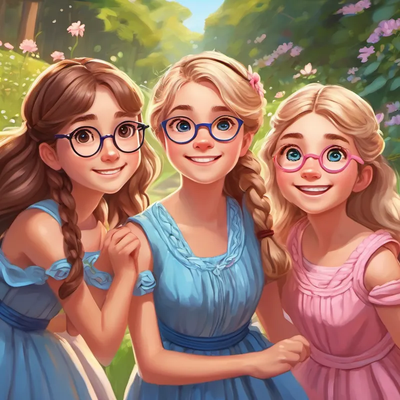 Mia - Cheerful, with long brown hair and a pink dress, Lily - Curious, with short blonde hair and glasses, and Emma - Shy, with braided brown hair and a blue dress, three best friends having fun