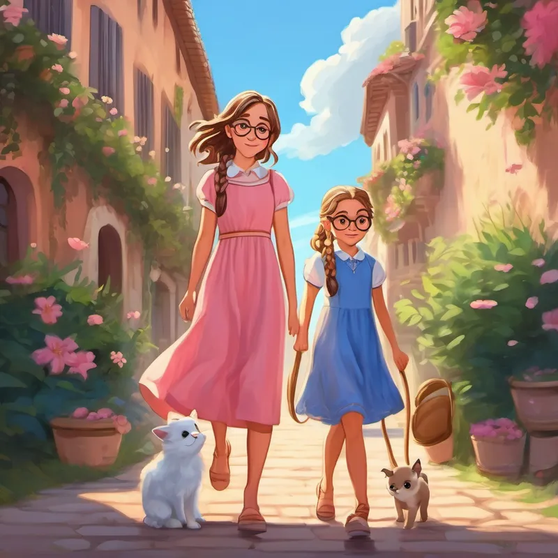 Mia - Cheerful, with long brown hair and a pink dress and Lily - Curious, with short blonde hair and glasses, sad and missing Emma - Shy, with braided brown hair and a blue dress