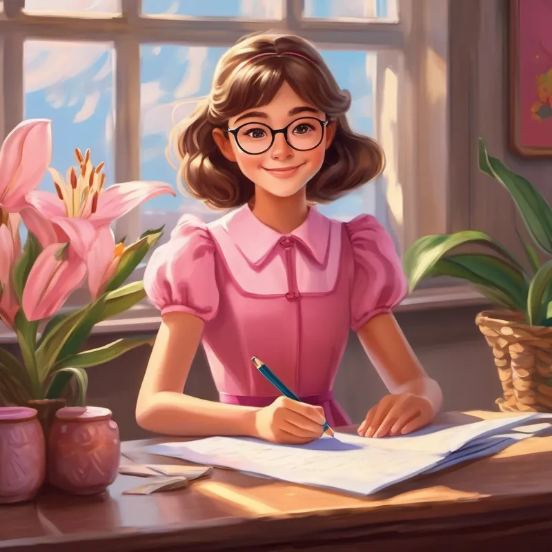 Mia - Cheerful, with long brown hair and a pink dress and Lily - Curious, with short blonde hair and glasses, writing letters and sending surprises