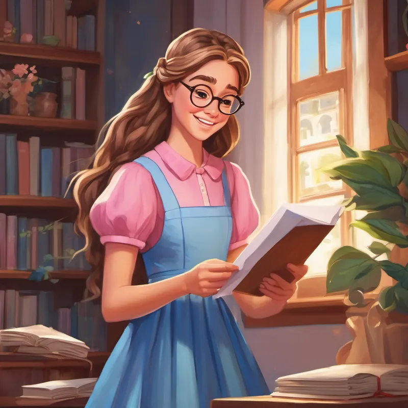 Mia - Cheerful, with long brown hair and a pink dress and Lily - Curious, with short blonde hair and glasses excitedly reading a letter from Emma - Shy, with braided brown hair and a blue dress