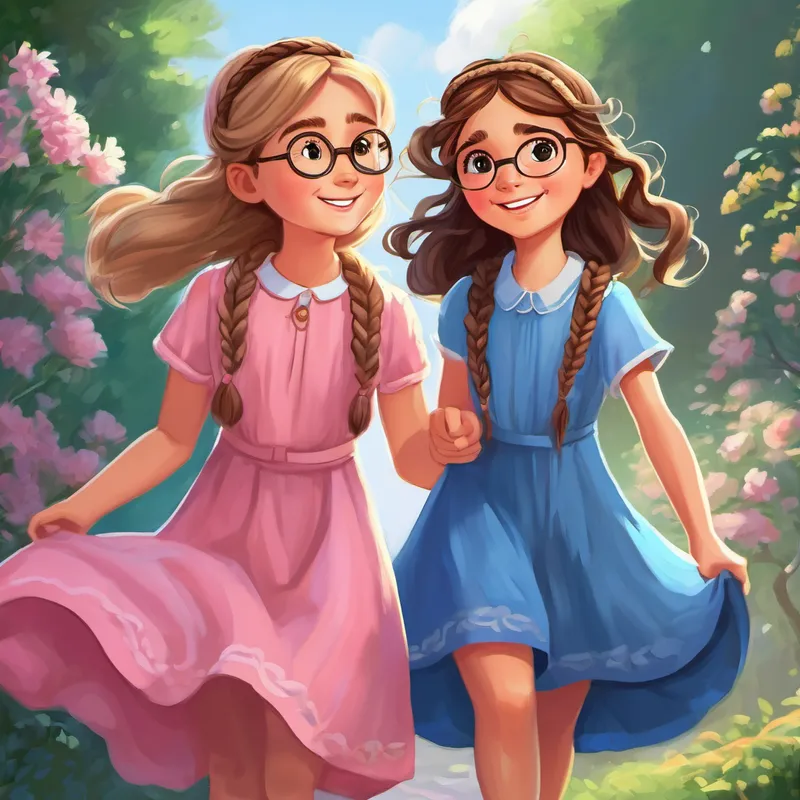 Mia - Cheerful, with long brown hair and a pink dress, Lily - Curious, with short blonde hair and glasses, and Emma - Shy, with braided brown hair and a blue dress, reuniting and happy together