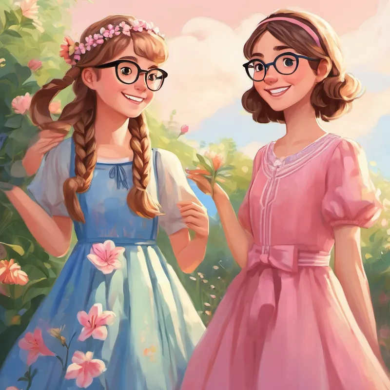 Mia - Cheerful, with long brown hair and a pink dress, Lily - Curious, with short blonde hair and glasses, and Emma - Shy, with braided brown hair and a blue dress, friendship is the lasting bond