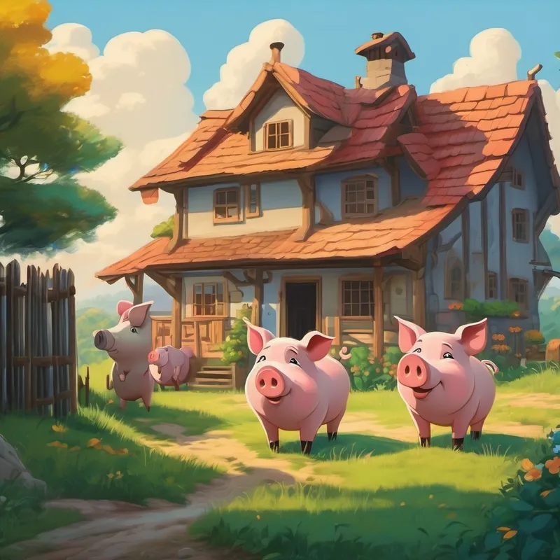 Three pigs standing in front of their houses