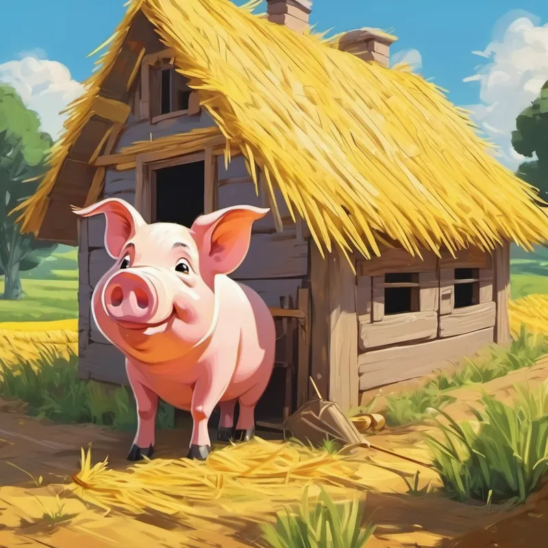 Pig building a house with yellow straw