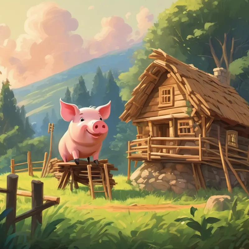 Pig building a house with brown sticks