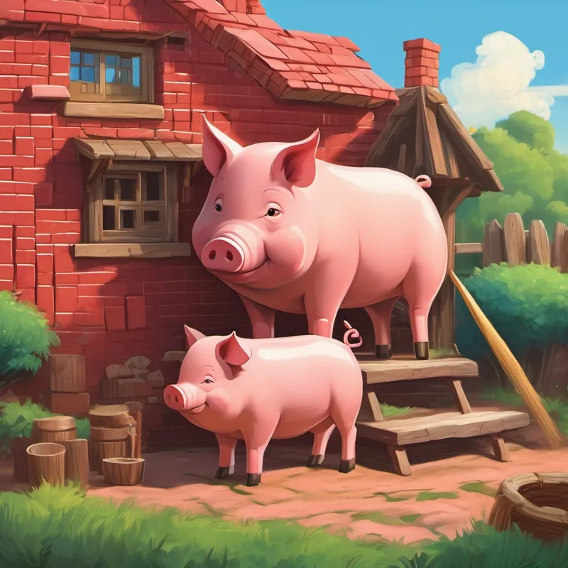 Pig building a house with red bricks
