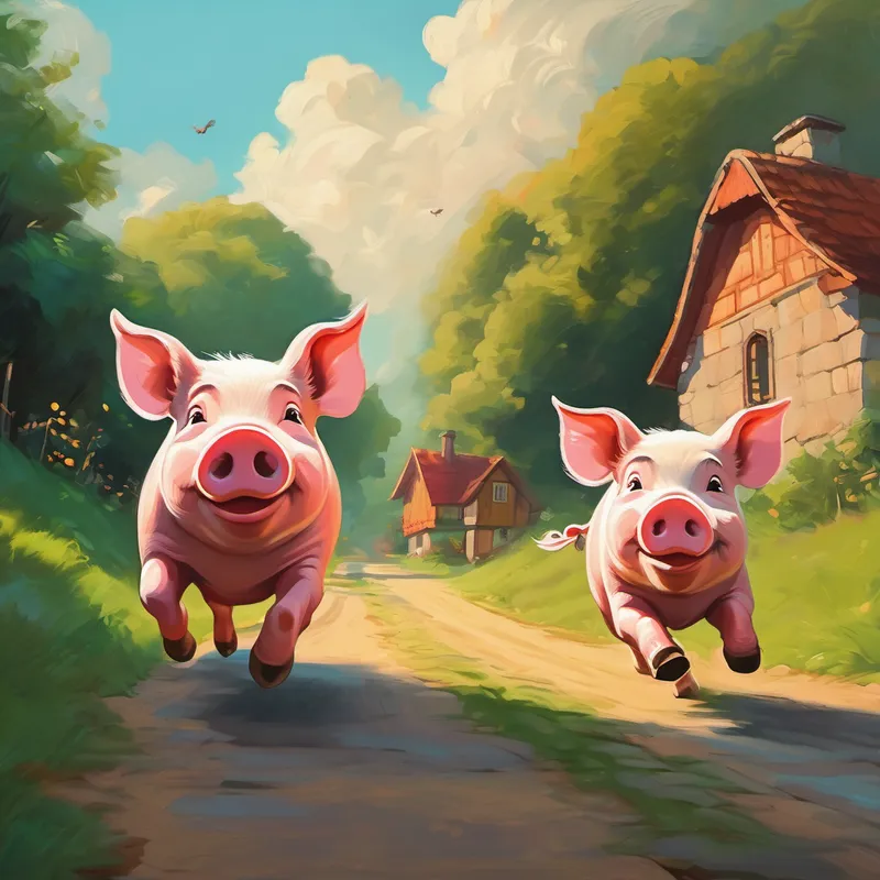 Two pigs running to the next house