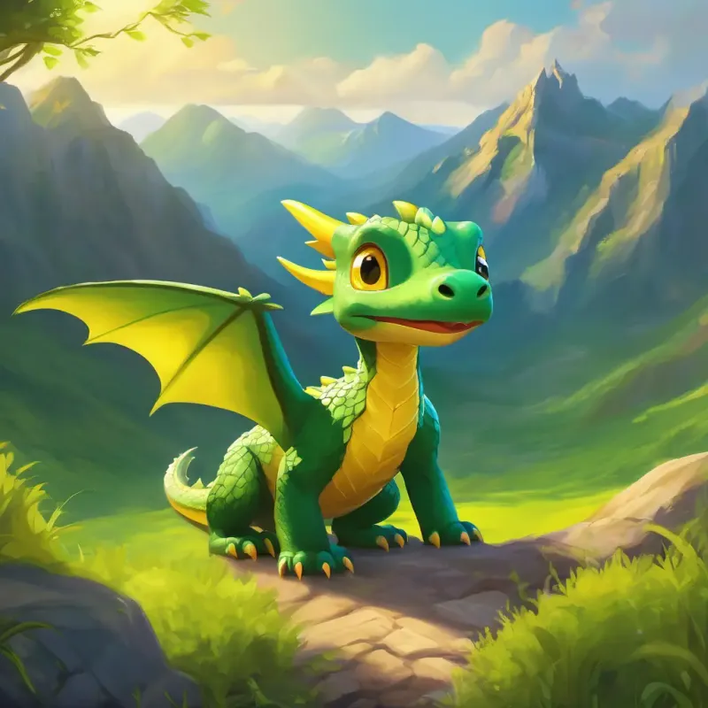 Introduction of Little dragon, weak wings, green scales, eager yellow eyes, in a mountainous land