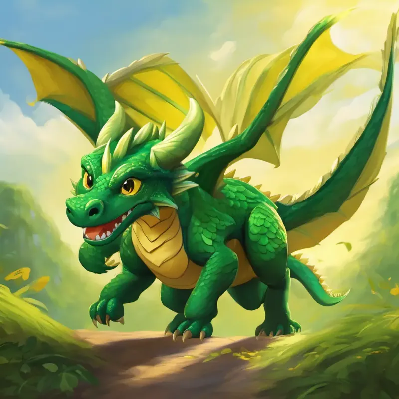 Other dragons flying, Little dragon, weak wings, green scales, eager yellow eyes alone on ground