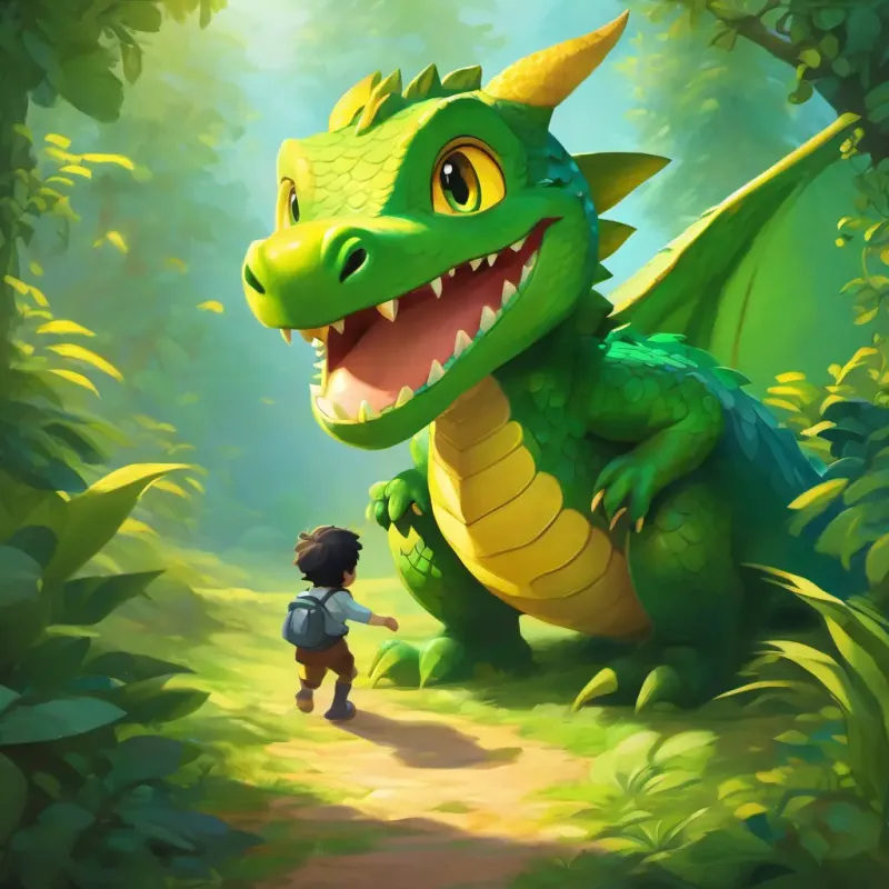 Friendship triumphs, Little dragon, weak wings, green scales, eager yellow eyes's happiness