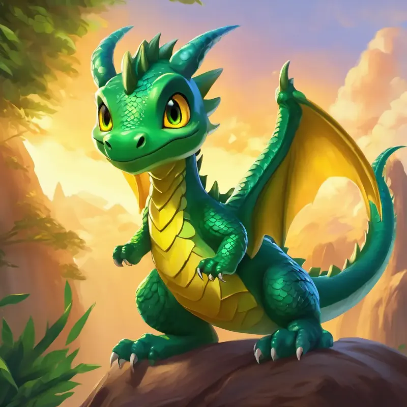 Weak-winged Little dragon, weak wings, green scales, eager yellow eyes envies flying friends
