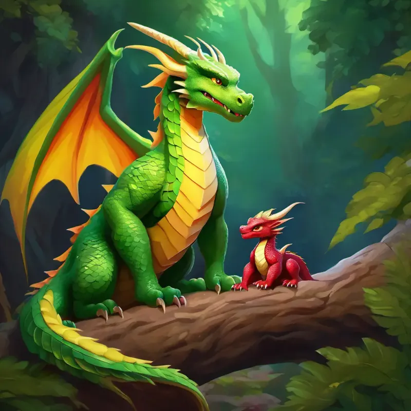 Wise dragon, strong, with deep red scales and caring eyes comforts Little dragon, weak wings, green scales, eager yellow eyes, points to inner strength