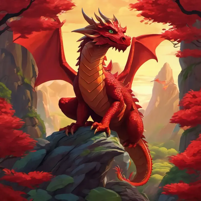 Wise dragon, strong, with deep red scales and caring eyes tells stories of legendary land dragons