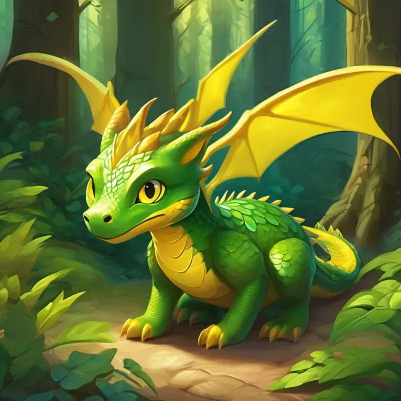 Little dragon, weak wings, green scales, eager yellow eyes meets non-flying forest creatures