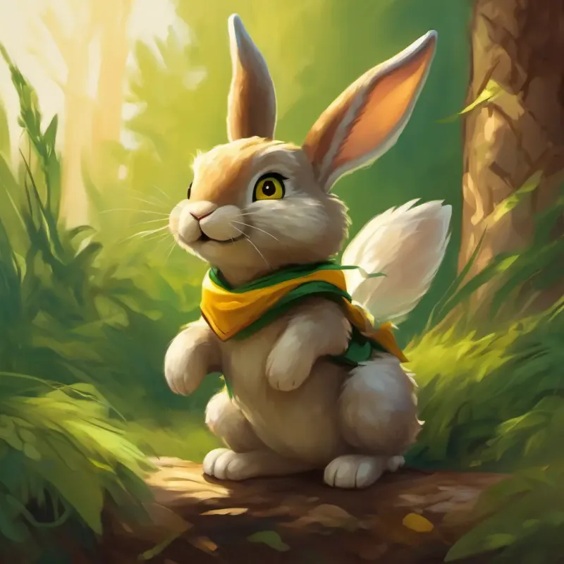 Little dragon, weak wings, green scales, eager yellow eyes gains confidence from Friendly rabbit, brown fur, quick and lively the rabbit