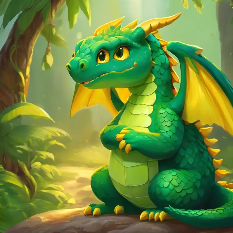Little dragon, weak wings, green scales, eager yellow eyes discovers joy playing with others