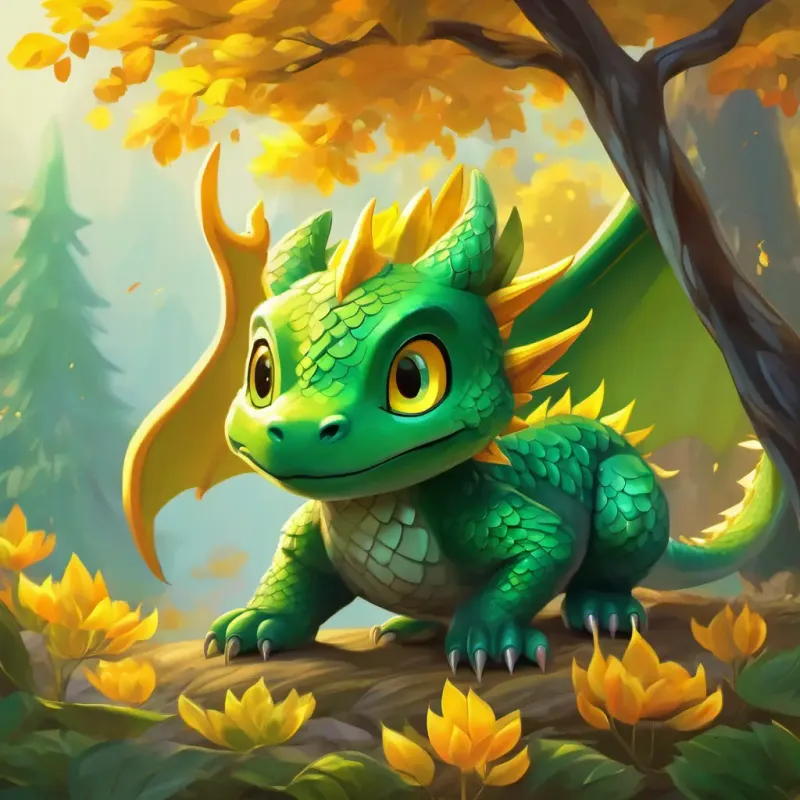 Little dragon, weak wings, green scales, eager yellow eyes helps animals with his fiery breath