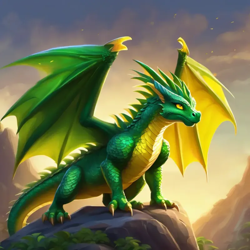 Little dragon, weak wings, green scales, eager yellow eyes becomes a hero and is recognized by all