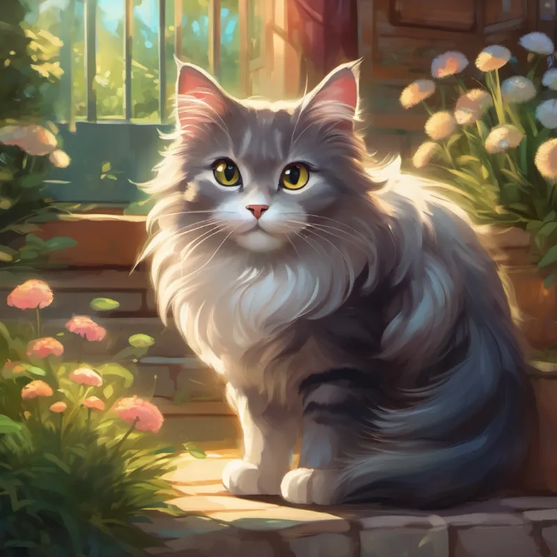 Introduction to A fluffy cat with shiny fur and bright, sparkling eyes the cat, her home by a garden