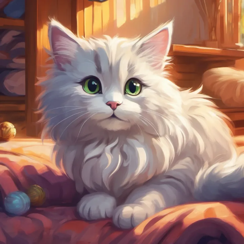 A fluffy cat with shiny fur and bright, sparkling eyes senses kittens coming, prepares a bed