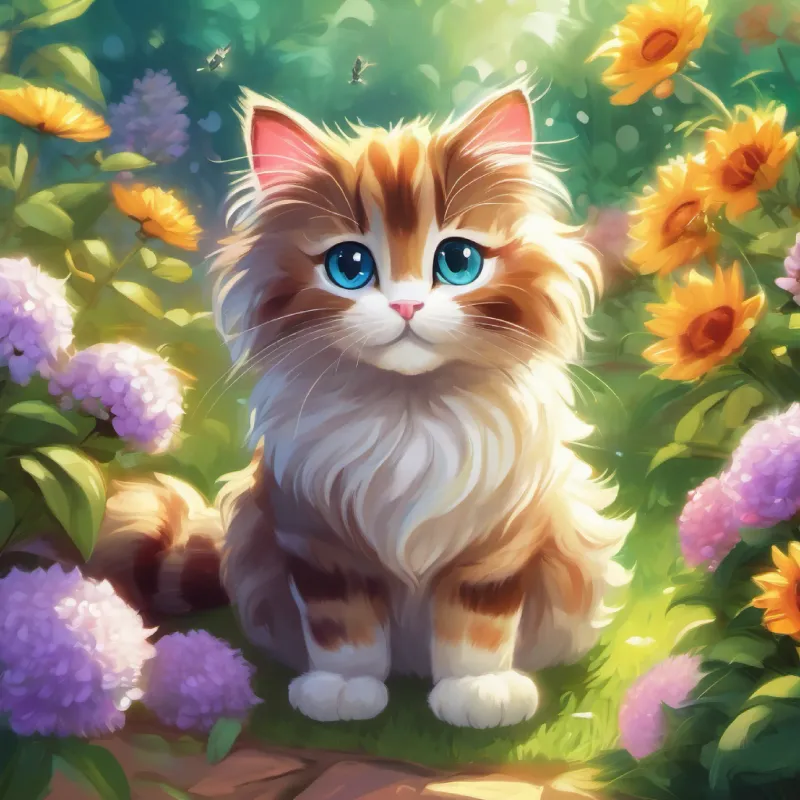 A fluffy cat with shiny fur and bright, sparkling eyes introduces kittens to the garden
