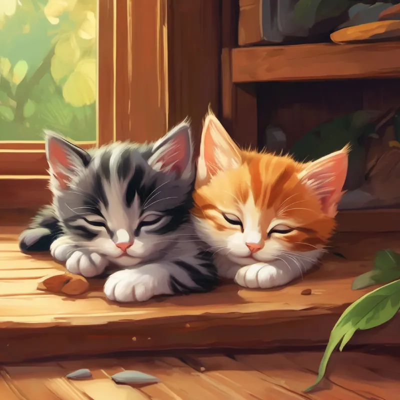 Kittens play and then fall asleep together