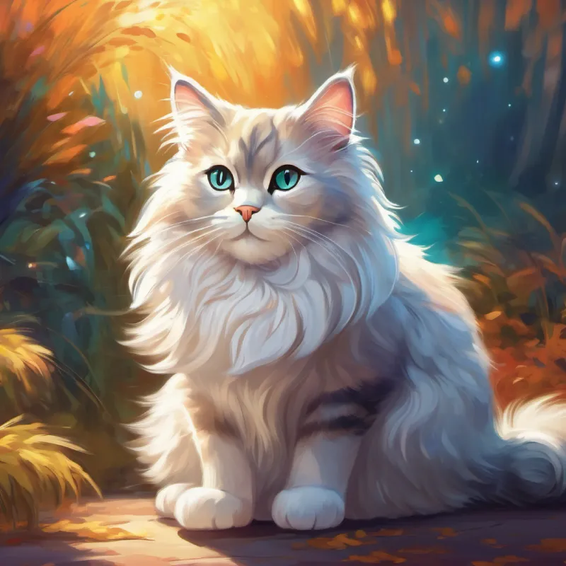A fluffy cat with shiny fur and bright, sparkling eyes proud and hopeful, all settle in to dream