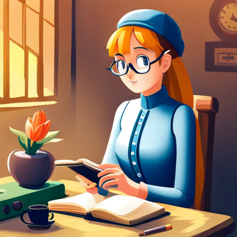 Lily opening her diary at the table