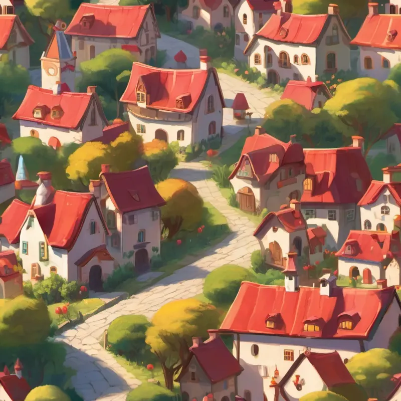 A whimsical, sunny, small town with colorful trees that appear to be swaying. A brave little bunny named a brave little bunny with a red cape, full of determination and joy with a small, red cape, standing proudly.