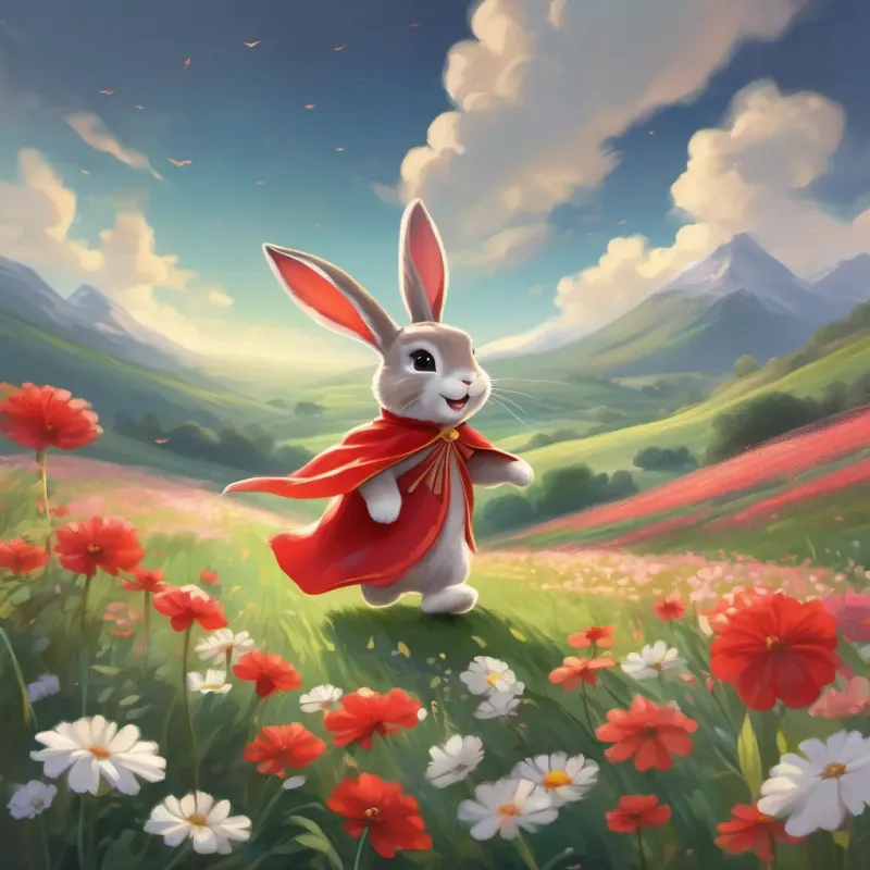 a brave little bunny with a red cape, full of determination and joy the bunny hopping through a bright, flower-filled field, with his red cape fluttering in the wind.