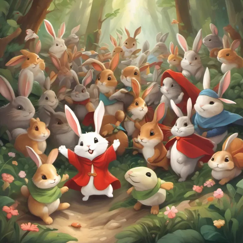 An enthusiastic crowd of bunnies and other woodland creatures cheering for a brave little bunny with a red cape, full of determination and joy and a small, shy turtle with a warm smile, finding bravery with Benny's help, full of joy and celebration.