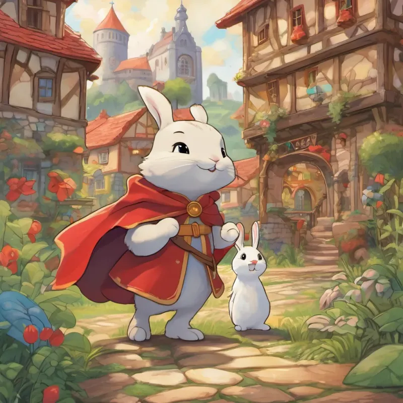 a brave little bunny with a red cape, full of determination and joy and a small, shy turtle with a warm smile, finding bravery with a brave little bunny with a red cape, full of determination and joy's help in a heroic pose with the cheerful Wigglewobble town in the background, embodying the spirit of bravery and friendship.