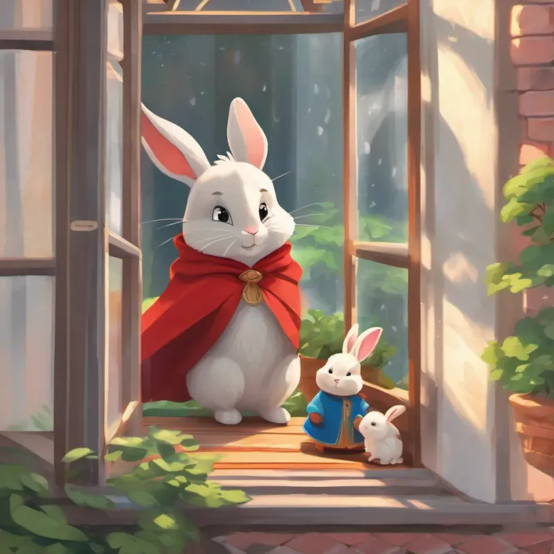 A cosy indoor setting where a brave little bunny with a red cape, full of determination and joy's mom, another bunny, is calling out to him. Outside the window, it's drizzling.