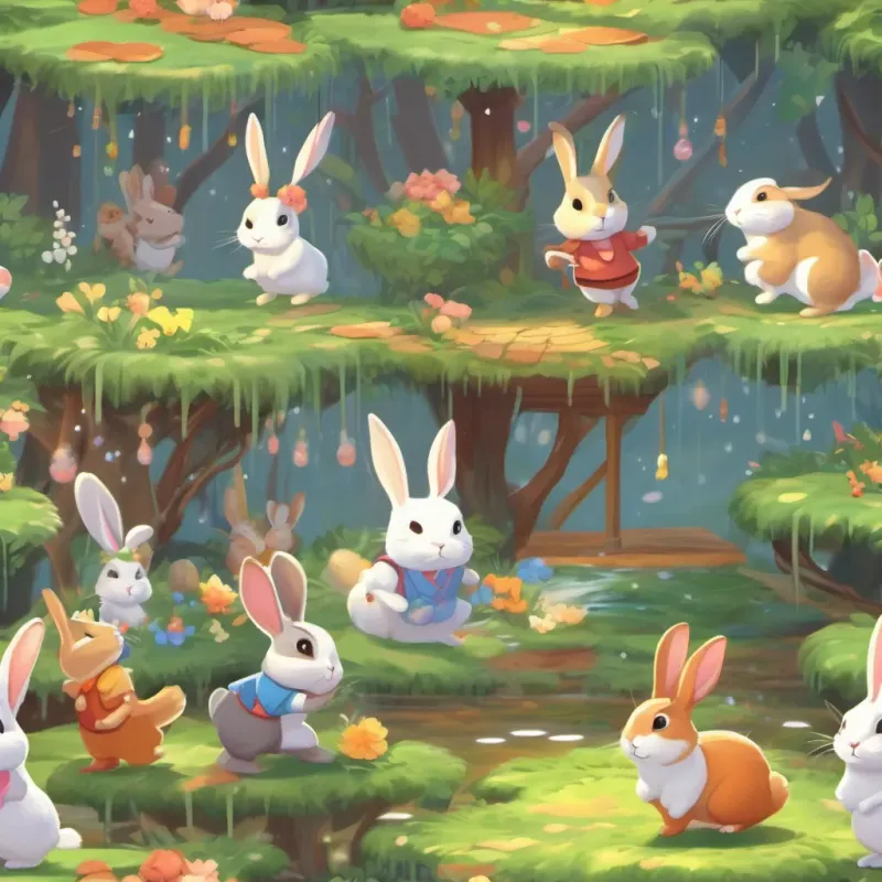 An imagined community event with various bunnies gathered to navigate puddle-filled paths. The scene is festive and playful.
