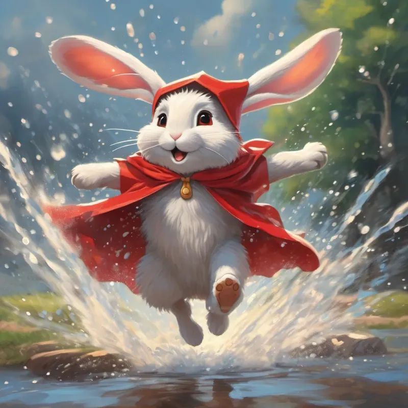 a brave little bunny with a red cape, full of determination and joy jumping into a large puddle, water splashing around him joyfully.