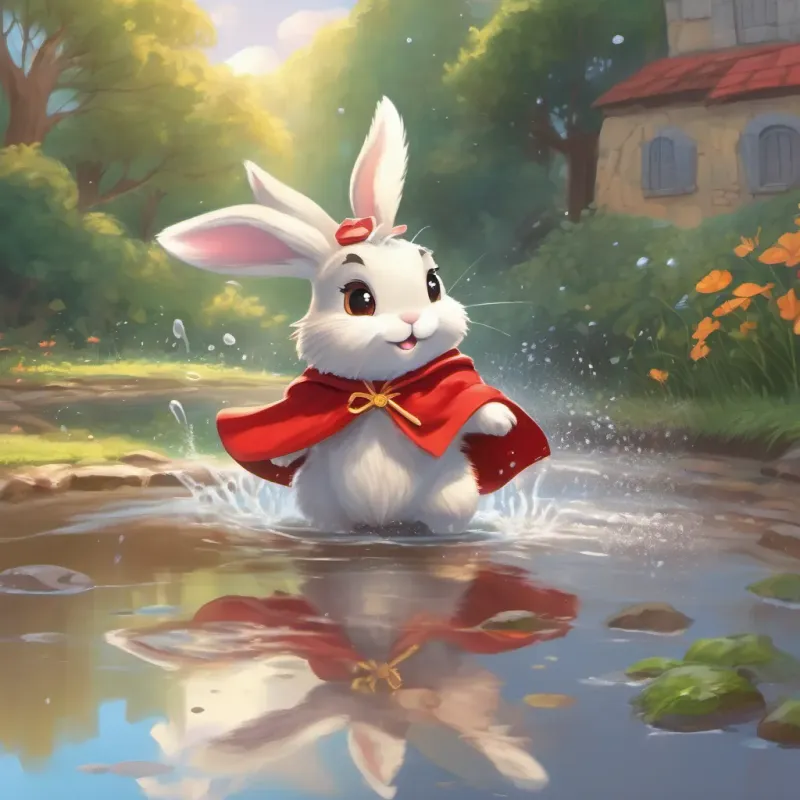 a brave little bunny with a red cape, full of determination and joy singing while splashing about in the puddle, having fun and showing confidence.