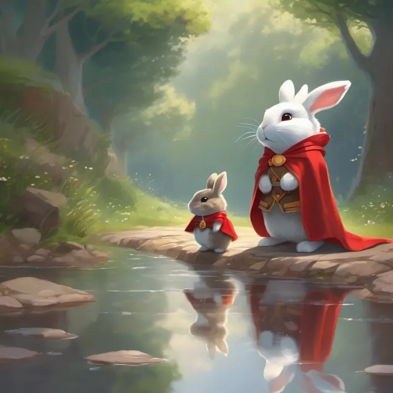 a brave little bunny with a red cape, full of determination and joy standing at the edge of an even larger puddle, looking determined with his mother's comforting words in his mind.