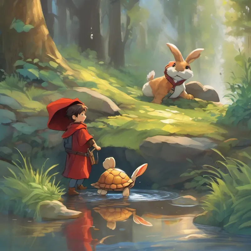 a small, shy turtle with a warm smile, finding bravery with Benny's help struggling to cross a large puddle, with a brave little bunny with a red cape, full of determination and joy offering help. The scene is one of friendship and teamwork.