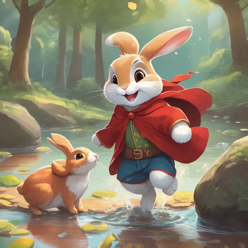 a brave little bunny with a red cape, full of determination and joy and a small, shy turtle with a warm smile, finding bravery with a brave little bunny with a red cape, full of determination and joy's help happily splashing through a puddle together, sharing laughter and smiles.