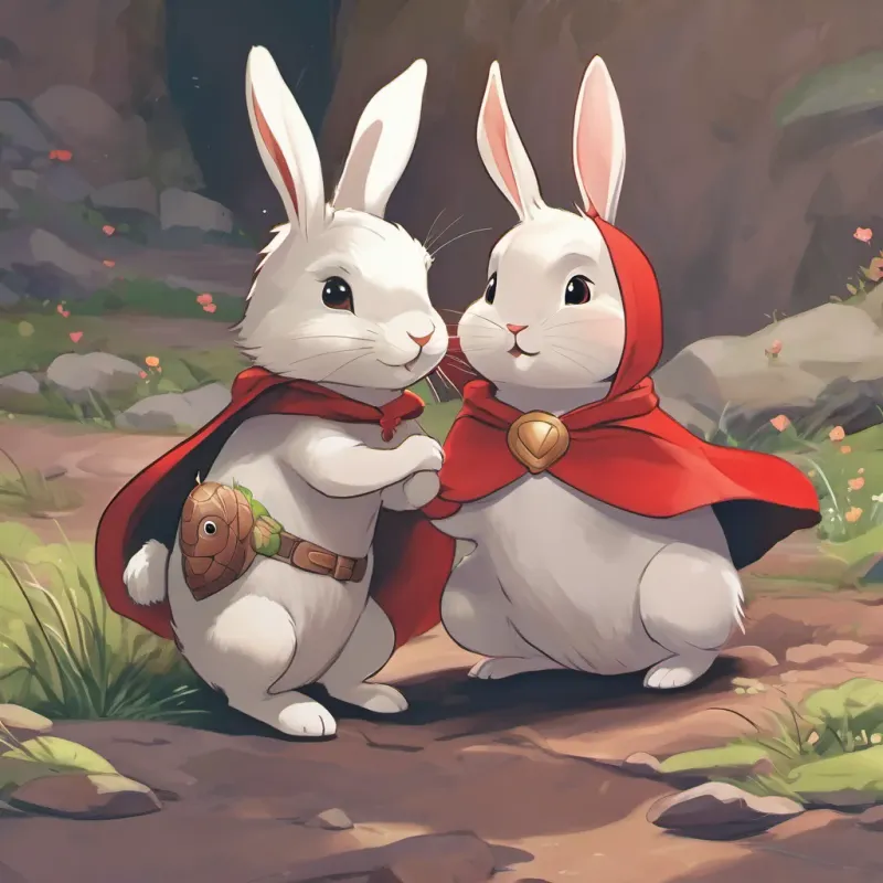 A close-up of a brave little bunny with a red cape, full of determination and joy and a small, shy turtle with a warm smile, finding bravery with a brave little bunny with a red cape, full of determination and joy's help sharing a tender moment, showcasing the growth and realization of a brave little bunny with a red cape, full of determination and joy's bravery.